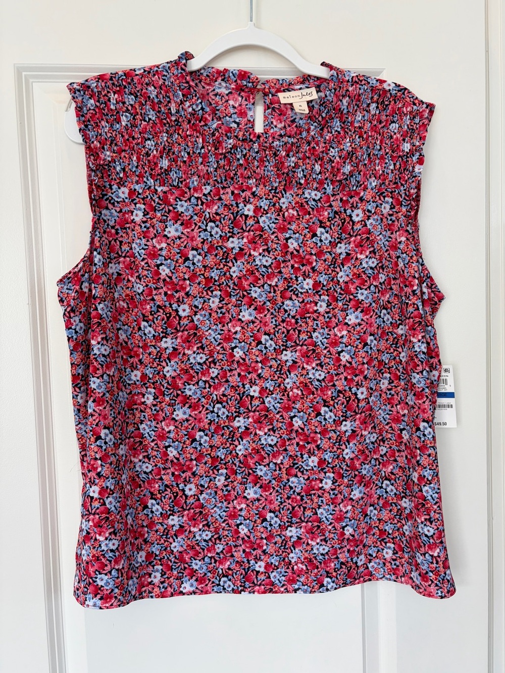 Maison Jules Pink and Blue Floral Smocked Sleeveless Top
